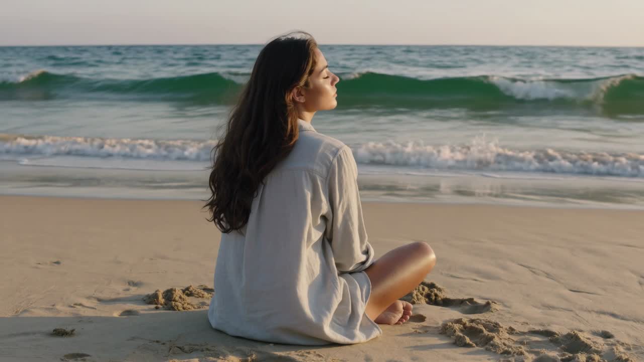 Donna seduta a piedi nudi in maglia a maniche lunghe, che riflette mentre il sole le illumina il viso sulla riva con le onde.