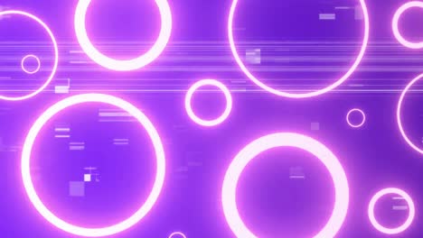 Animation-of-glowing-pink-neon-rings-over-data-processing-on-purple-background