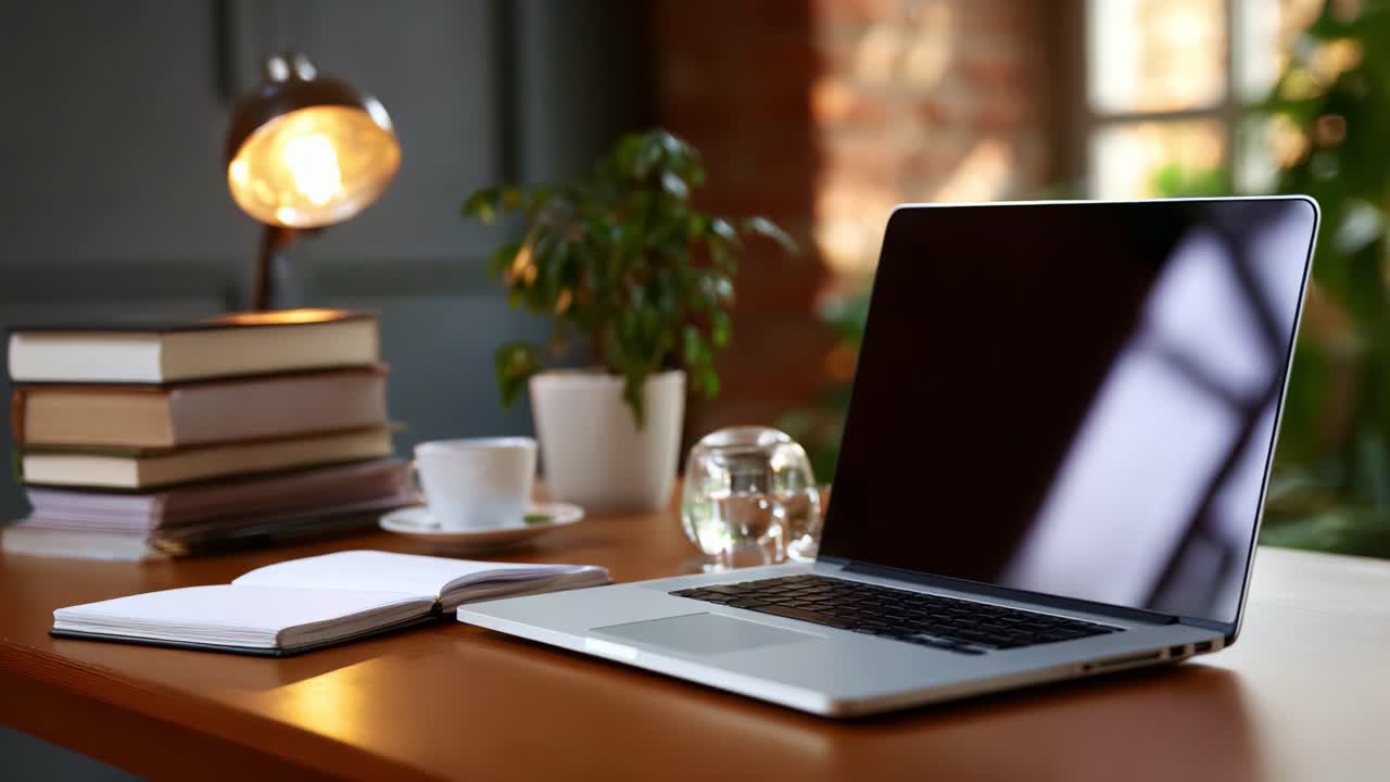 A Tranquil Home Office Setup Featuring a Laptop, Cozy Lighting, and Natural Elements for Enhanced Productivity and Creative Inspiration