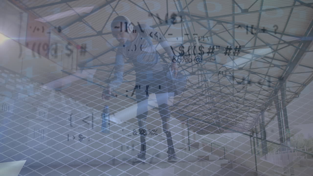 스포츠 스타디움의 관중석에서 장애인 남성 선수에 대한 디지털 데이터 처리 애니메이션