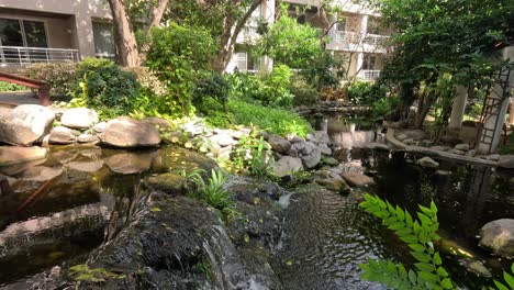 a serene pond with a bridge and lush foliage.