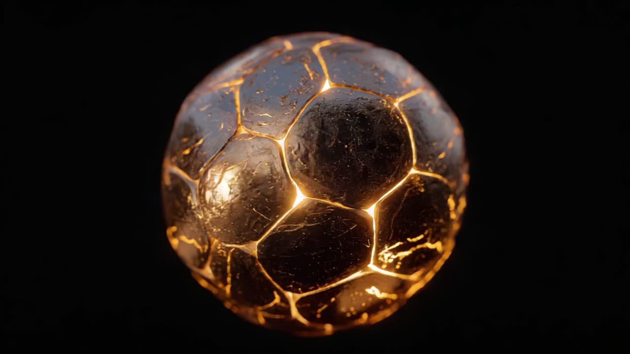 Pallone da calcio esagonale luminoso: una straordinaria immagine di una sfera metallica luminosa su uno sfondo scuro, che cattura i dettagli intricati e la texture scintillante.