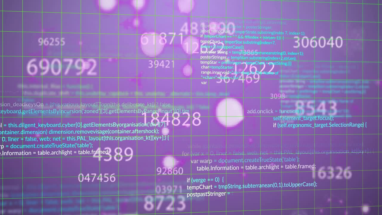 Animation of data processing over grid on purple background