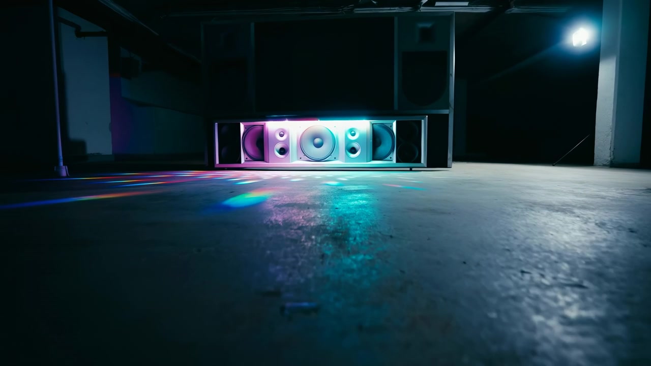 Vista a livello del suolo di un cabinet per altoparlanti multi-driver illuminato in uno spazio industriale fioco con riflessi colorati che si diffondono sul pavimento di cemento usurato e luci interne brillanti.