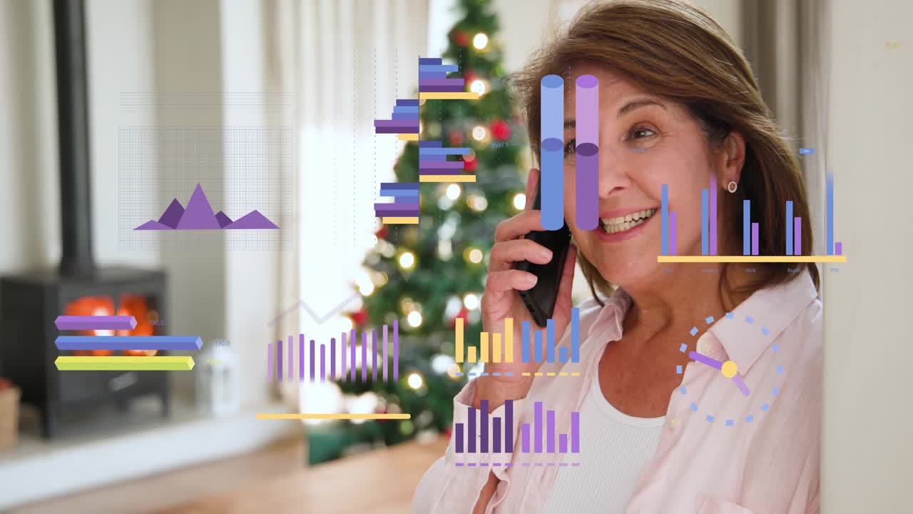 Senior woman receiving phone call, reacting, holding phone to ear in home, finance charts shifting