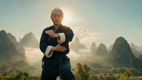 senior asian man practicing tai chi in majestic mountain landscape