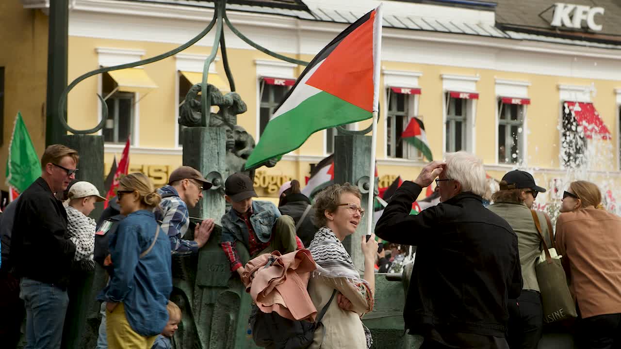 Pro Palestine protesters march against Israel’s Eurovision participation in Malmö (Sweden), calling for a ceasefire on the war in Gaza, Eurovision song contest 2024, medium handheld shot