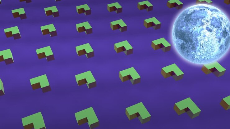 Animation of moon appearing over violet background with rotating green hearts