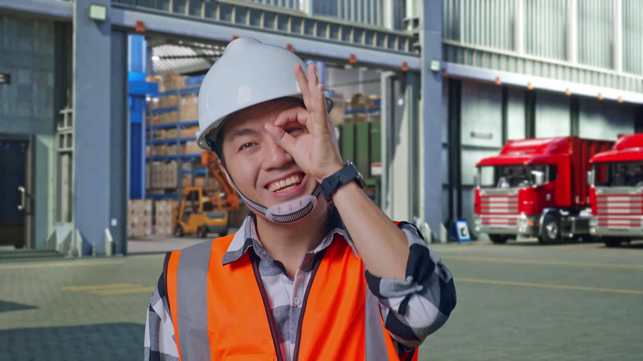 Close Up Of Asian Male Engineer With Safety Helmet Showing Ok Hand Sign Over Eye And Smiling To Camera While Standing , Outside of Logistics Distributions Warehouse