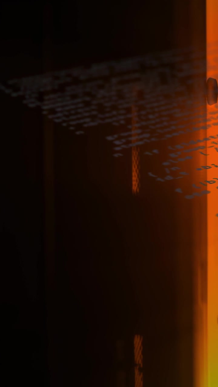 Vertical video: Right edge panel emitting glow, projecting drifting pale text, signaling status