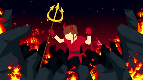el diablo de dibujos animados volando en el infierno. personaje de negocios en el desierto ardiente. halloween. cosplay. animación aterradora de bucle.