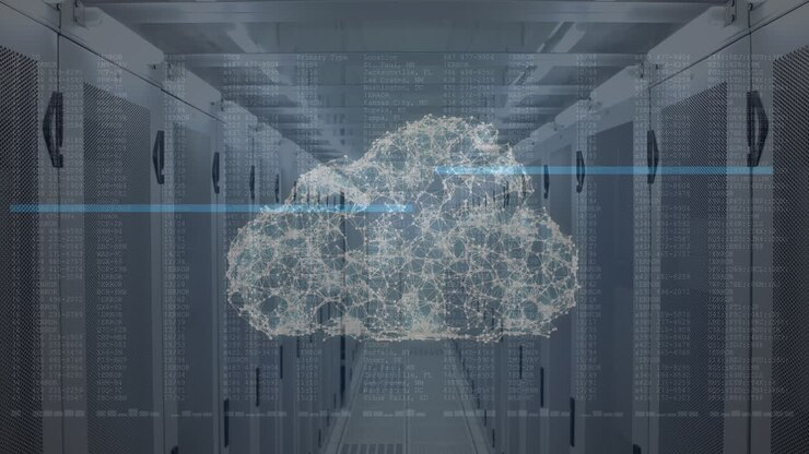 Cloud of network of connections and data processing against empty server room