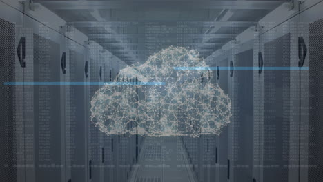 nube de redes de conexiones y procesamiento de datos contra una sala de servidores vacía