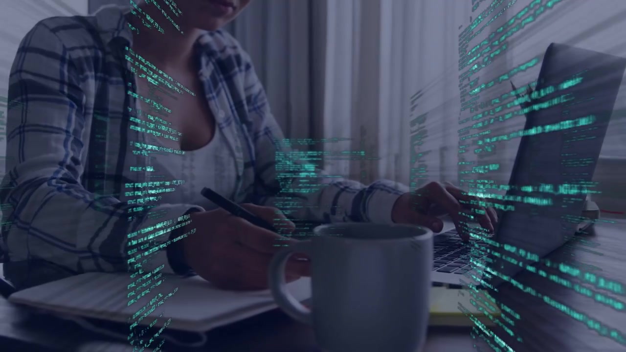 Woman dev typing on laptop, initiating animated green code panels shifting while debugging code