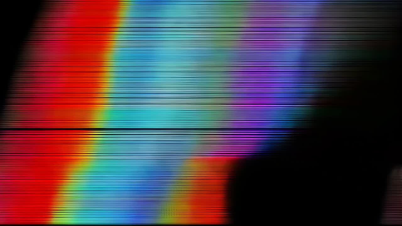 Avvio di pattern glitch che si trasformano sullo schermo con bande arcobaleno e artefatti scanline, blocchi di colore