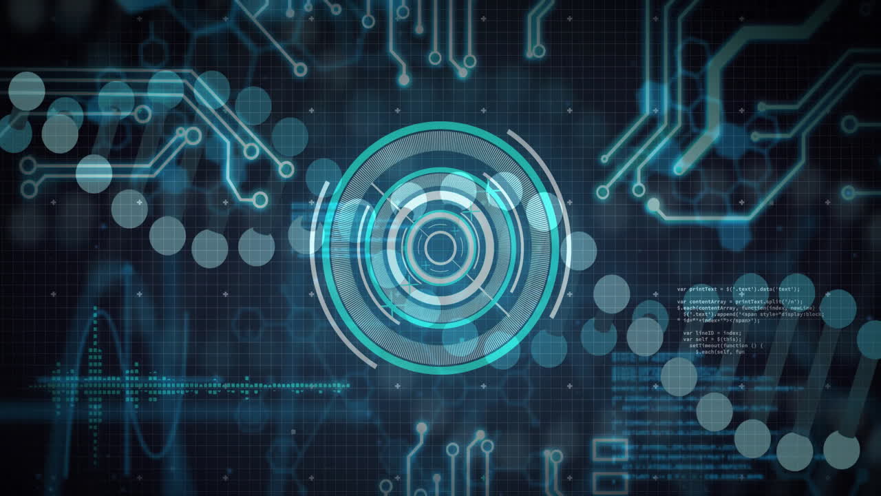 Holographic circular HUD floating above dark grid, displaying multiple rings, arcs, circuit traces
