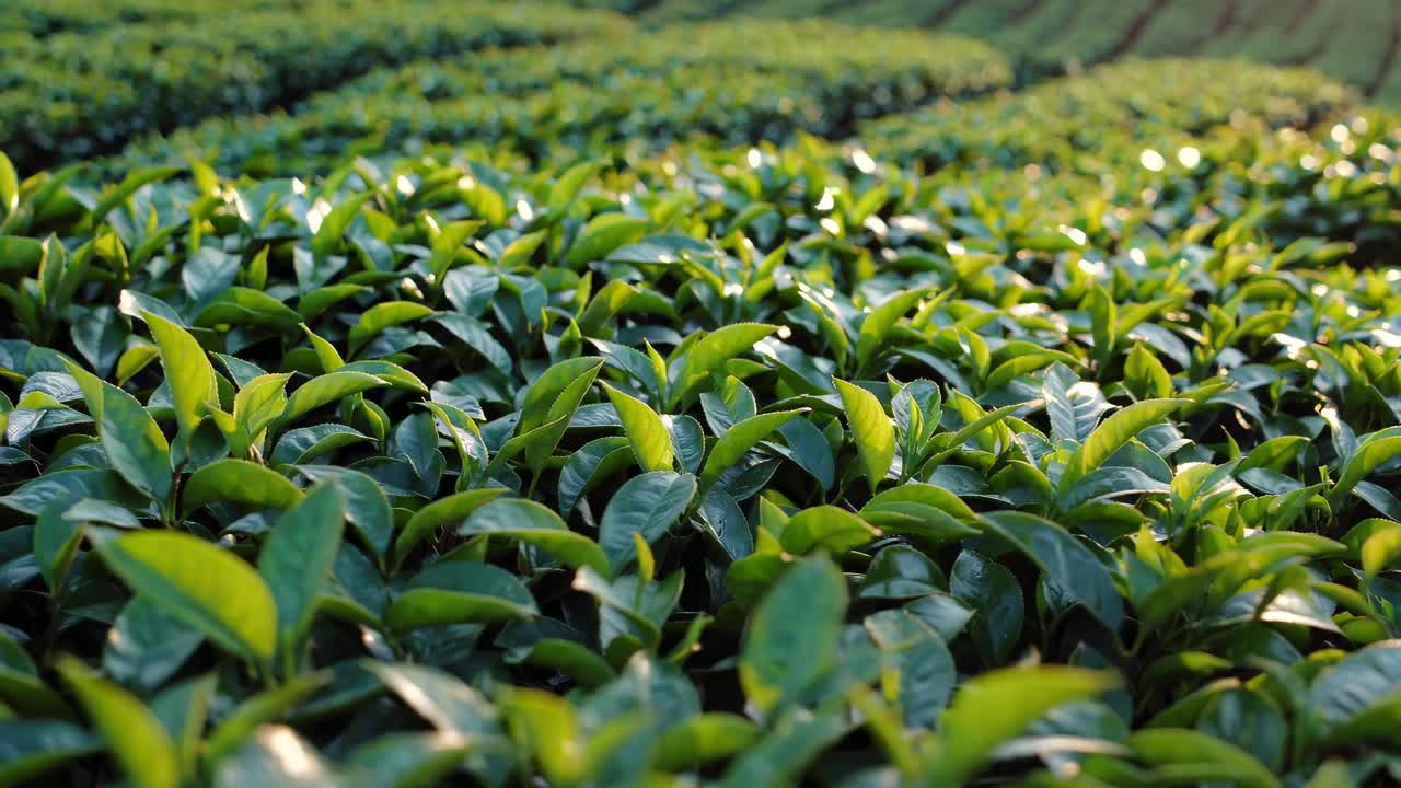 Close-up video of lush green tea leaves in a plantation, captured from a low angle