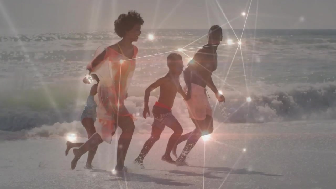 Family of four running shore, adults guiding children escaping surf, tech overlay tracing movement