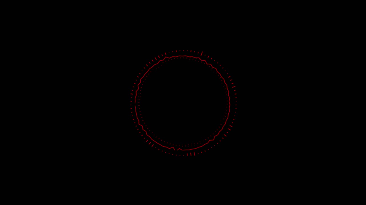 Abstract red circular form with pulsating lines and dots on a black background. Represents audio equalizer, sound wave, or futuristic interface. Seamless loop