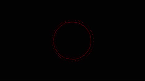 abstract red circular form with pulsating lines and dots on a black background. represents audio equalizer, sound wave, or futuristic interface. seamless loop