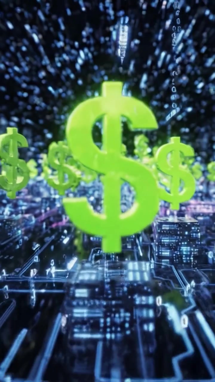 Un panorama digital de divisas: Una visualización futurista con vibrantes símbolos de dólar verdes en un entorno basado en datos, reflejando el crecimiento económico y las transacciones financieras.