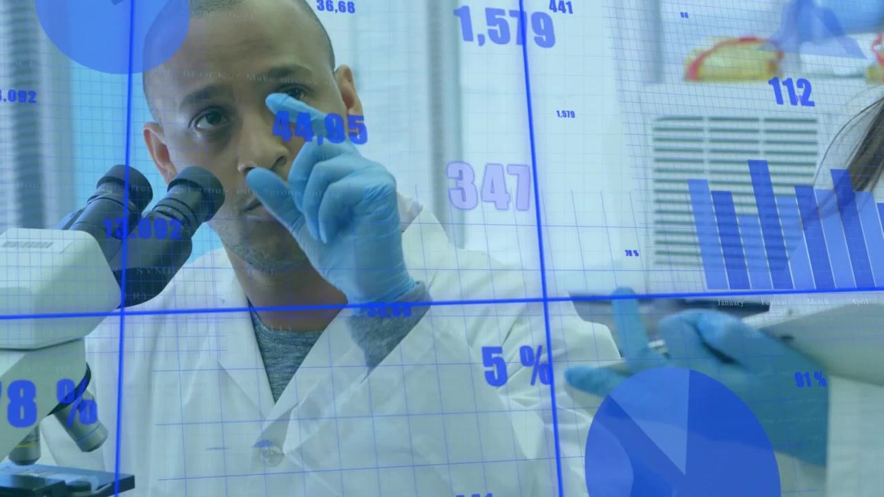 Lab researcher peering into microscope and updating overlay as peer scrolling tablet for analysis