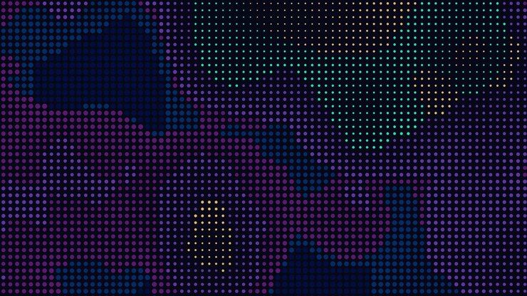 Vibrant colorful dots shift and pulse across a dark background, creating a swirling dynamic electronic field