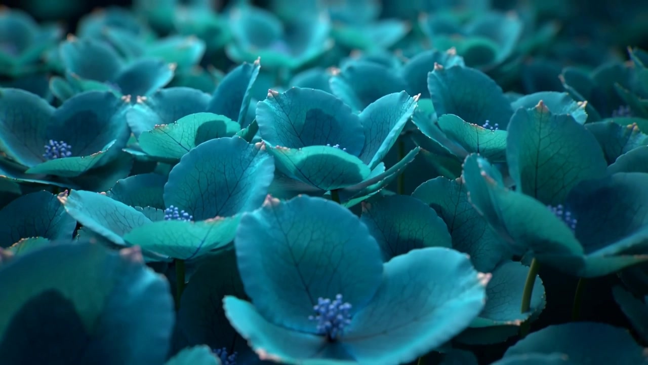 Câmera se movendo revelando um denso aglomerado de flores azul-petróleo em macro, mostrando os estames durante a sequência.