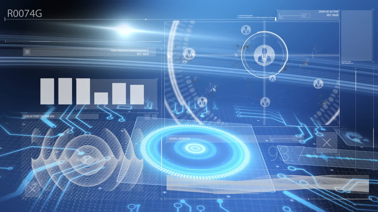 Displaying futuristic animation, digital interface with data analytics and tech elements