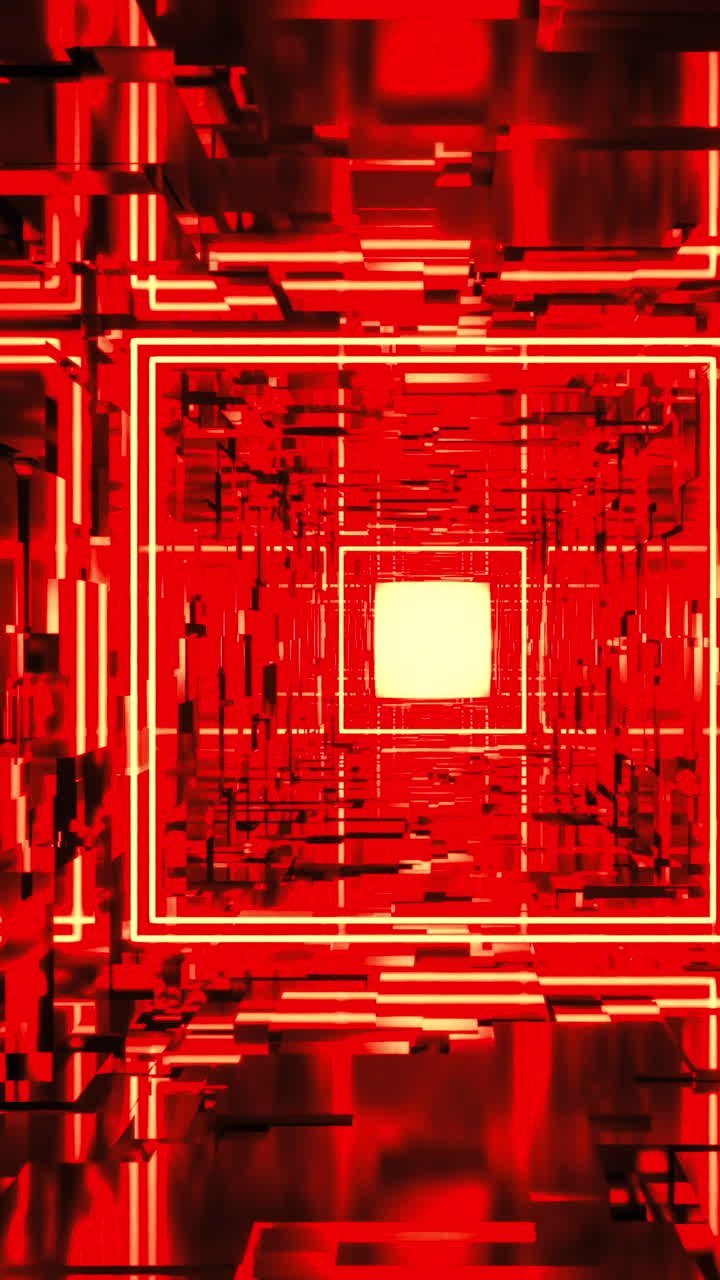 Intense Red Corridor Framed By Neon Squares And Mirrored Reflections, Recursive Geometry Forms Infinite