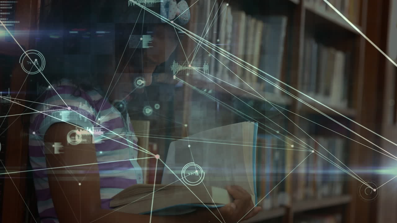 animación de redes de conexiones sobre una colegiala afroamericana leyendo un libro