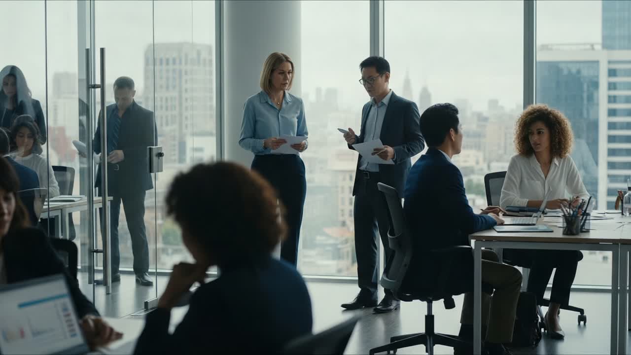 Team Collaboration in a Modern Corporate Environment: A Diverse Group Engaging in Strategic Discussions and Presentations Amidst a Skyline View