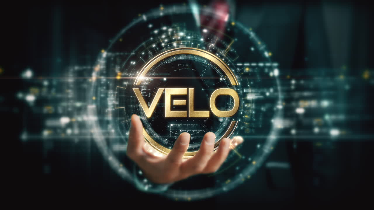 A visionary businessman extends his hand, unveiling a vibrant futuristic holographic display showcasing global crypto trading, business analytics, stock exchanges, and market trends : VELO