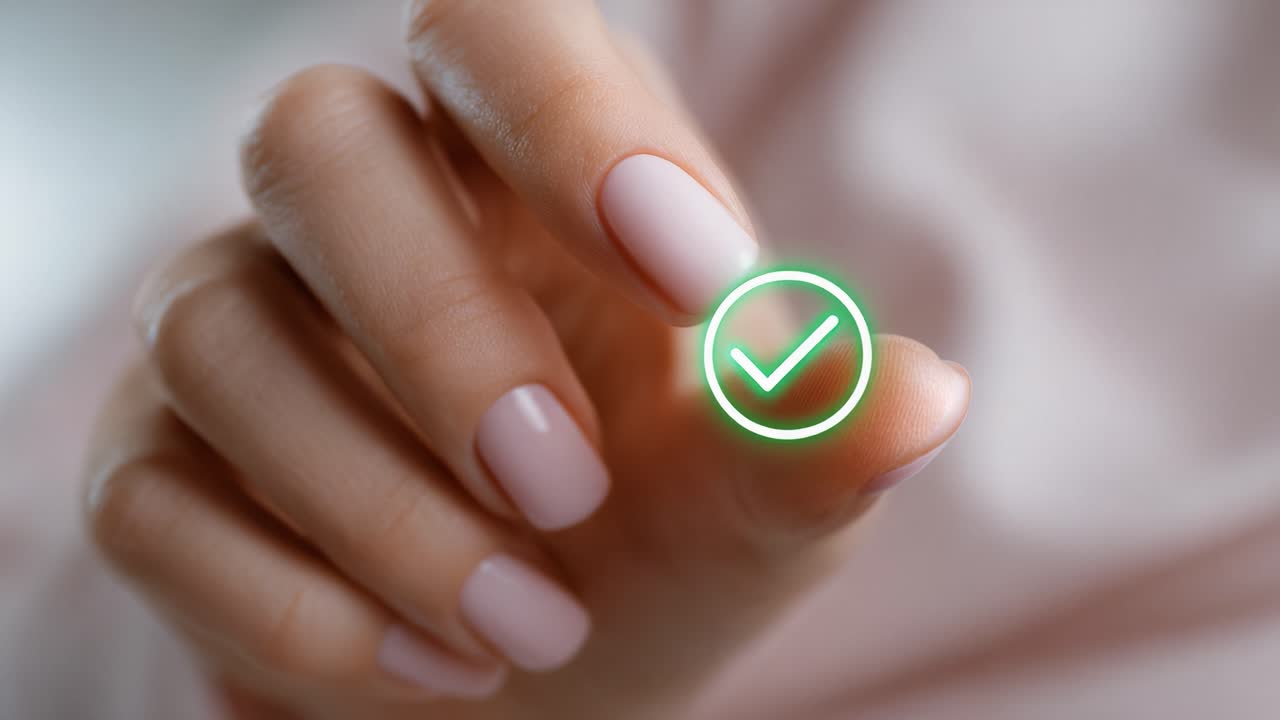 A Close-Up of a Hand with Pink Nails Pressing a Green Checkmark Icon, Symbolizing Confirmation, Approval, or Completion in a Modern Digital Context