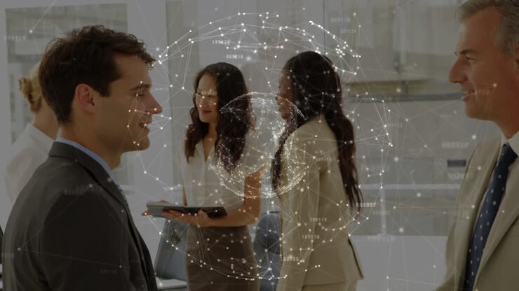 Globe of network of connections against two caucasian businessmen shaking hands at office