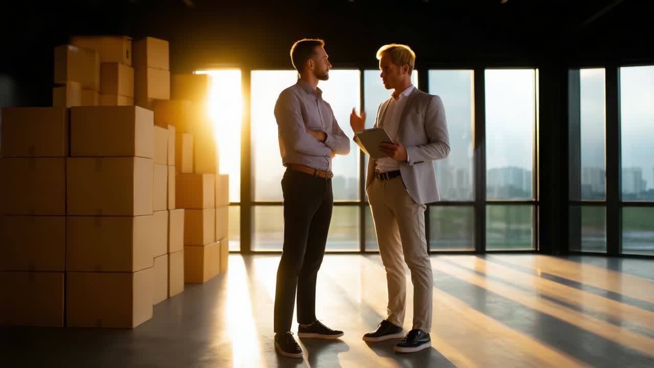 Two business professionals engaged in a thoughtful discussion in a modern workspace filled with sunlight and stacked boxes, highlighting collaboration and communication in a corporate environment
