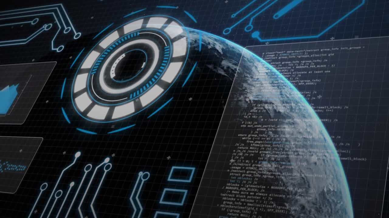 animación de visores escaneando sobre la cuadrícula azul con el planeta tierra