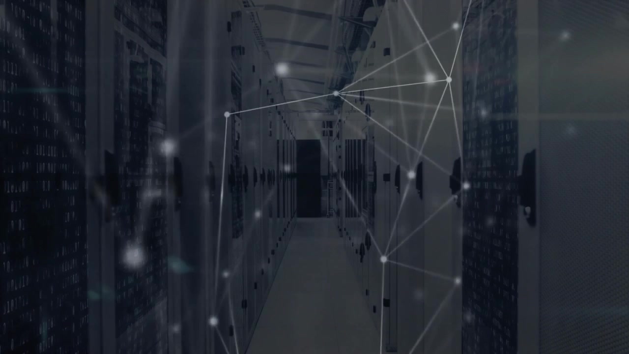 Data center corridor starting nodes appearing extending lines pulsing retracting showing network