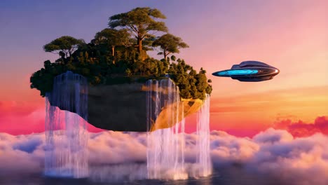 floating island with waterfall and ufo