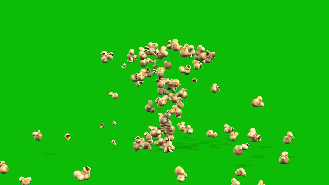 Popcorn che scoppiano, vengono lanciati in aria, cadono e rimbalzano su schermo verde, animazione 3D.