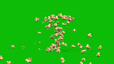 Popcorns-Tauchen-Auf,-Werden-Hochgeworfen,-Fallen-Herunter-Und-Hüpfen-Auf-Einer-3D-Animation-Auf-Grünem-Bildschirm