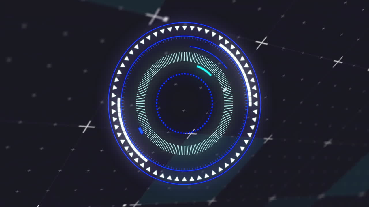 Animation of futuristic digital interface with glowing blue circular patterns