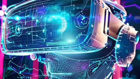 un hombre con un auricular de realidad virtual frente a una ciudad futurista