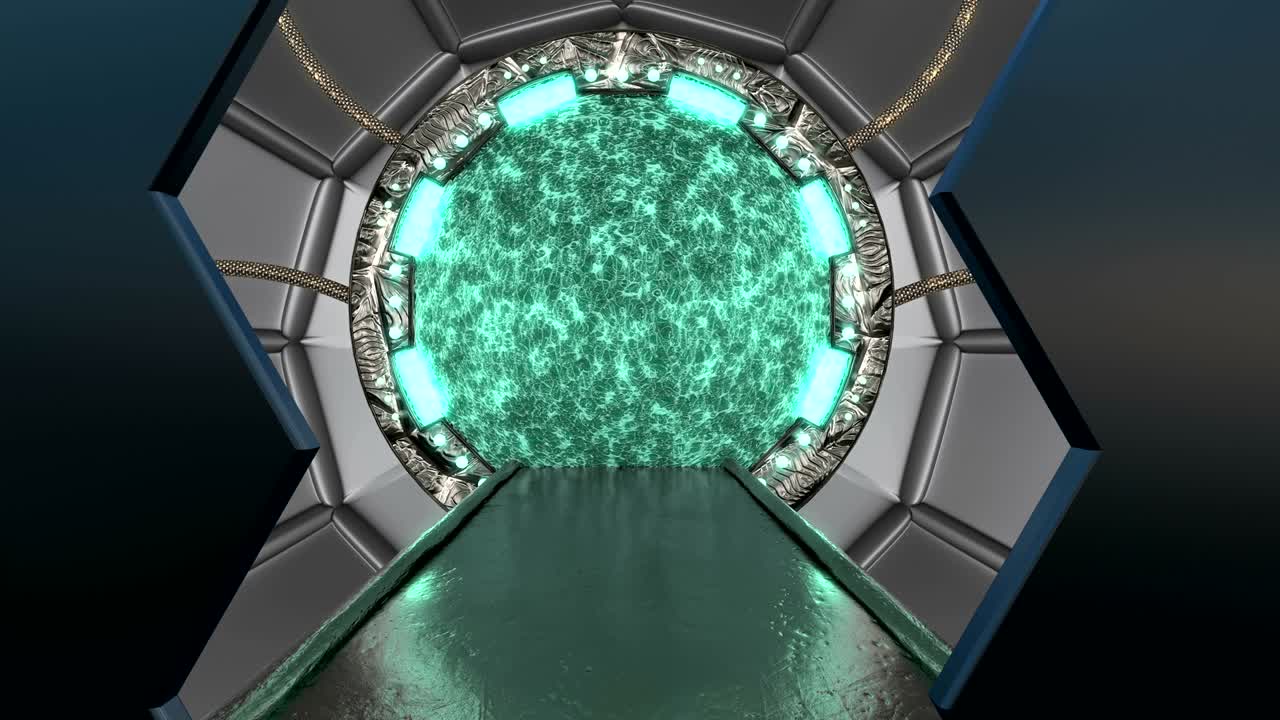 포털과 함께 공상 과학 복도의 3d 추상적인 배경 미래 기술 추상 기술 제목과 배경에 대한 원활한 vj.