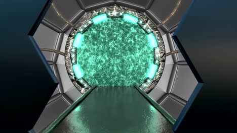 panoramic view to the station landscape scene. 3d abstract background of sci-fi corridor with portal. futuristic technology abstract seamless vj for tech titles and background.