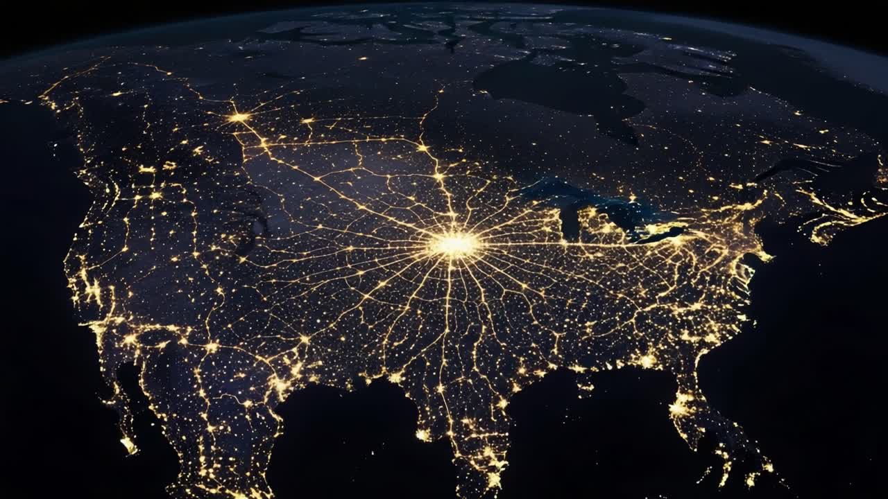 A Stunning Aerial View of North America's Nighttime Urban Sprawl, Showcasing the Network of Bright City Lights Spreading Across Major Regions and Cities