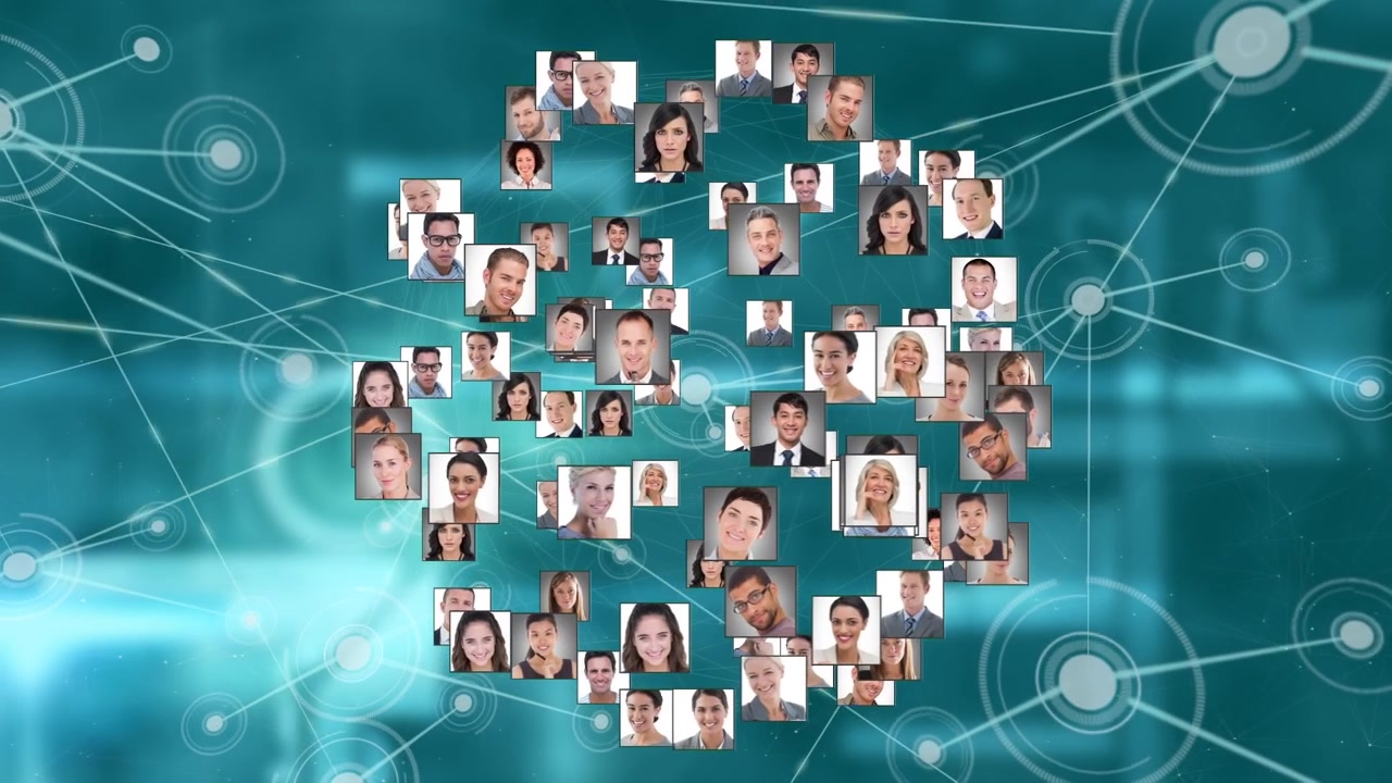 Digital Network of Diverse Professional Portraits Connected by Lines