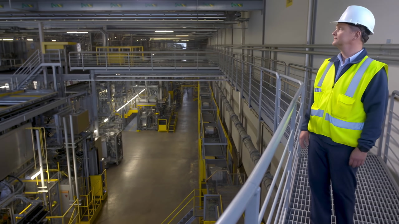 Factory Walkway With Engineer In Helmet Overseeing Conveyor Production Line Highvisibility Vest, Metal Catwalk