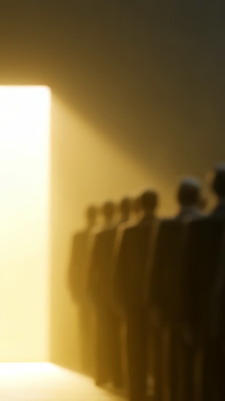 Figures wait at a bright door. A lone figure faces a glowing doorway with shadowy figures lining up behind, building anticipation.