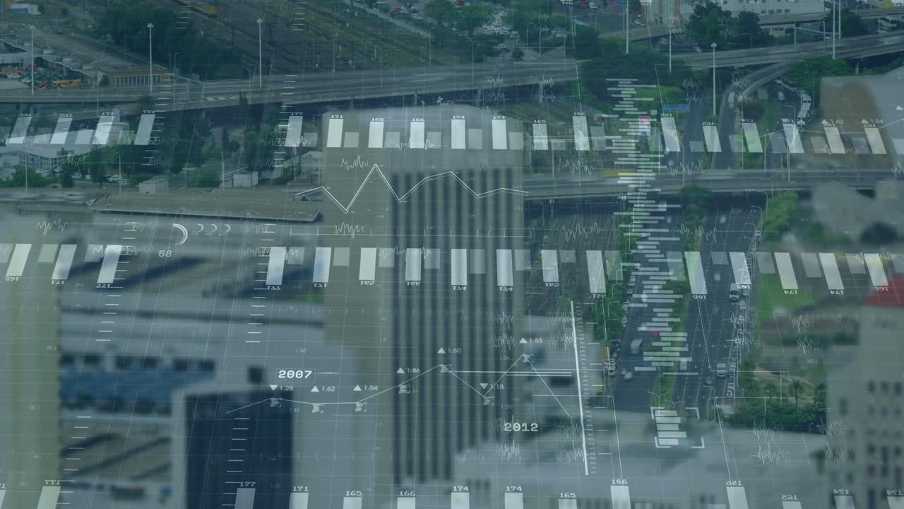Animation of financial data processing over cityscape